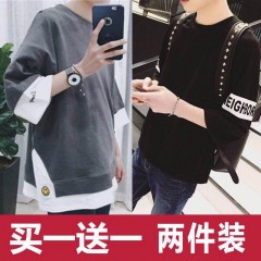 男裝秋季男士長袖t恤韓版寬松青少年衣服男學(xué)生七分袖上衣半袖夏