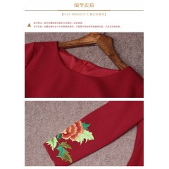 秋冬復古刺繡民族風媽媽裝包臀裙婚宴禮服大碼中年女裝圓領連衣裙